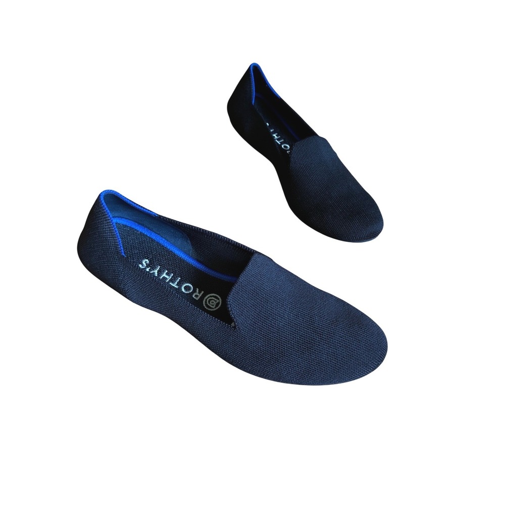 Rothys The Loafer Black Solid Knit Flats Womens Size 10 Round Toe Blue Halo Trim